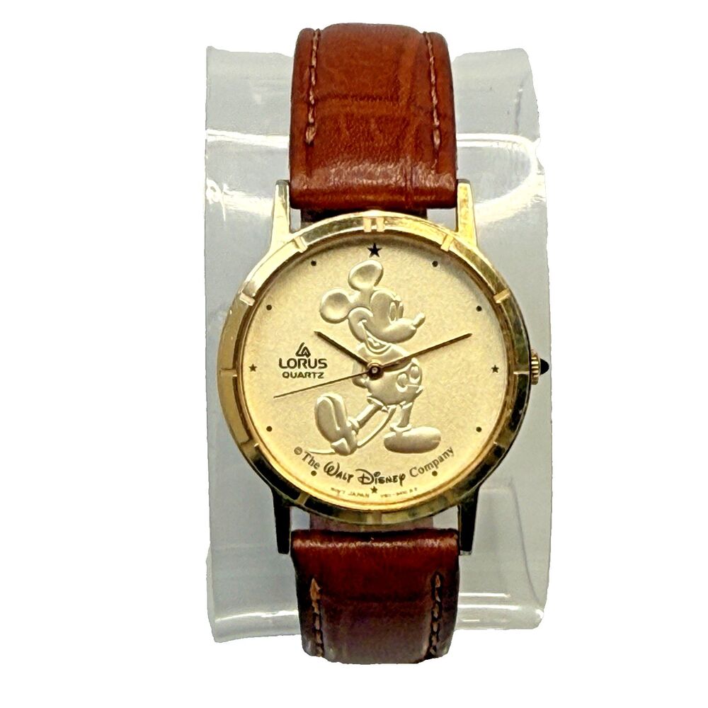 Vtg Lorus Seiko Mickey Mouse Quartz Watch V811-5410 Gold Tone Leather 30mm EUC